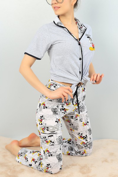 Gri Düğmeli Bayan Pijama Takımı 64930
