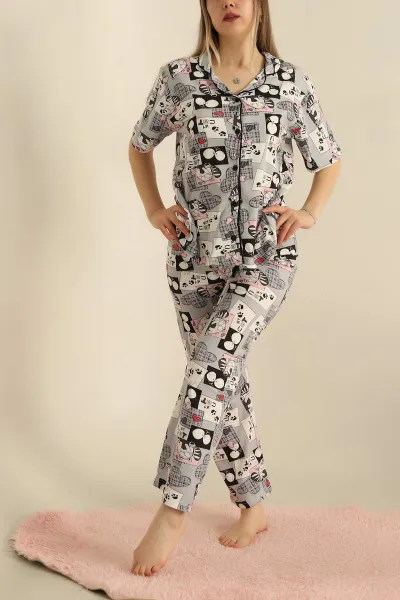 Gri Düğmeli Desenli Bayan Pijama Takımı 258532