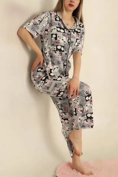 Gri Düğmeli Desenli Bayan Pijama Takımı 258532