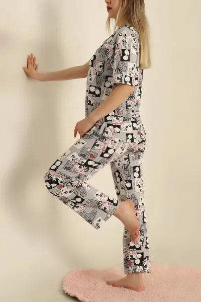 Gri Düğmeli Desenli Bayan Pijama Takımı 258532