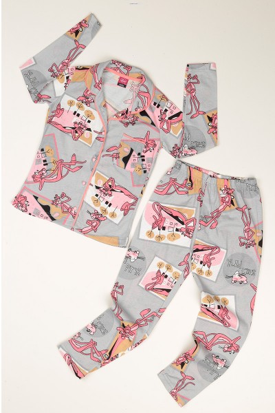 Gri Düğmeli Kız Çocuk Pijama Takımı 77884