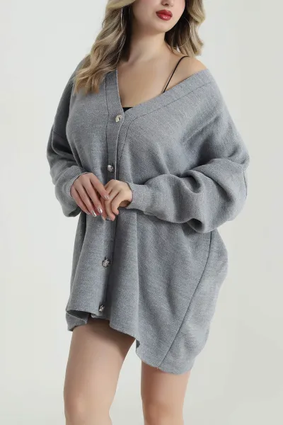Gri Düğmeli Oversize Kadın Triko Hırka 490715