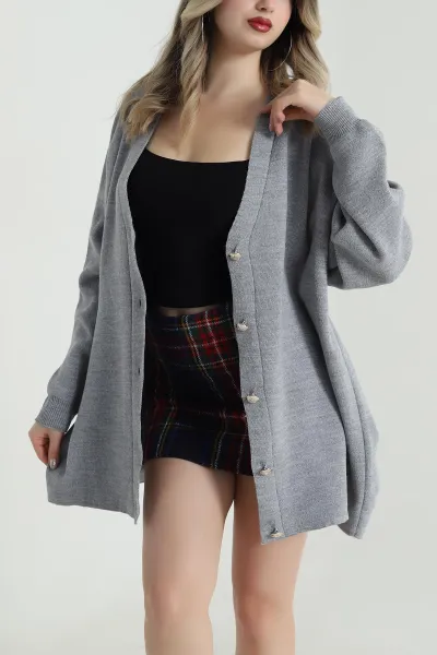 Gri Düğmeli Oversize Kadın Triko Hırka 490715