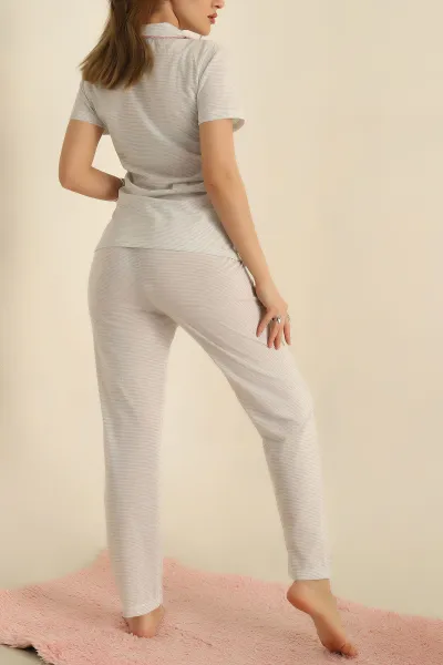Gri Düğmeli Viskon Bayan Pijama Takımı 251603