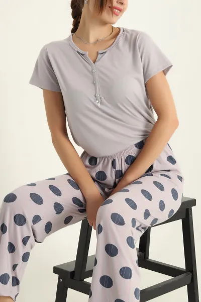 Gri Düğmeli Viskon Bayan Pijama Takımı 288960