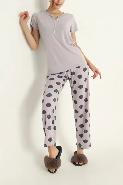 Gri Düğmeli Viskon Bayan Pijama Takımı 288960