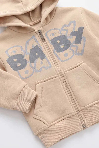 Gri Ekru (1-5 Yaş) Baby Baskılı Kapüşonlu Fermuarlı 3 İp Şardonlu Erkek Çocuk Kışlık Takım 487807