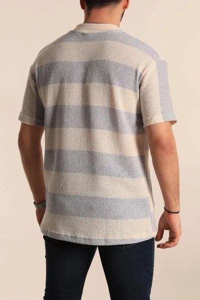 Gri Ekru Geniş Çizgili Oversize Polo Yaka Erkek Tişört 269204