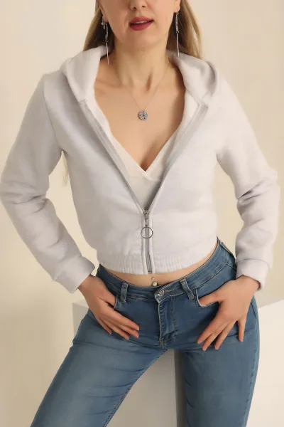 Gri Fermuarlı İçi Şardonlu Bayan Sweat -T 238735