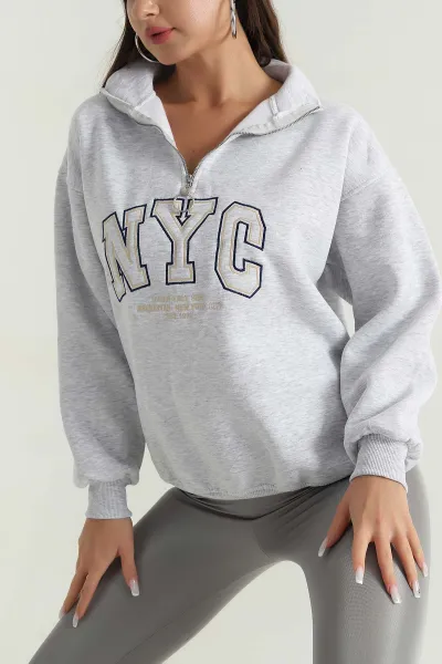 Gri Fermuarlı Nakışlı Şardonlu Kadın Sweat 387846