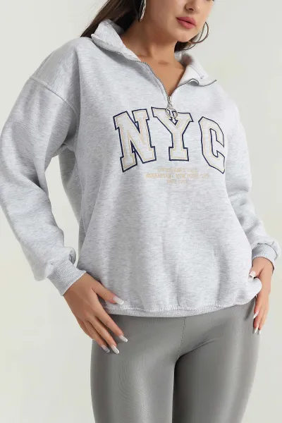 Gri Fermuarlı Nakışlı Şardonlu Kadın Sweat 387846