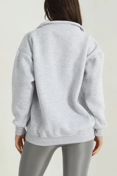 Gri Fermuarlı Nakışlı Şardonlu Kadın Sweat 387846