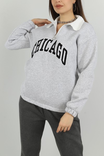 Gri Fermuarlı Şardonlu Bayan Sweat 146341