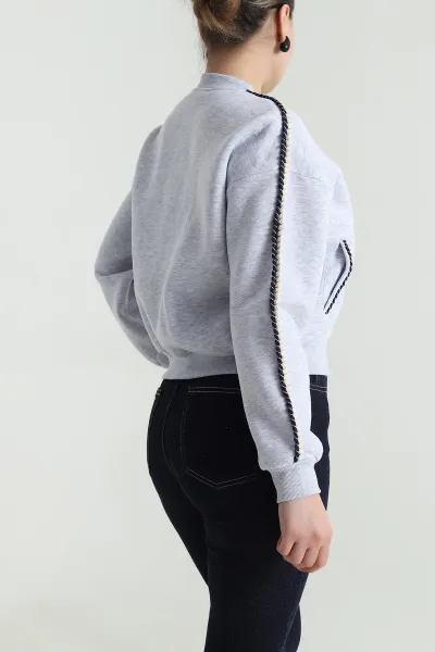 Gri Fermuarlı Şardonlu Üç İp Kadın Sweat 492556