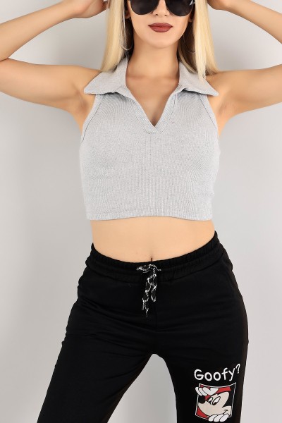Gri Fitilli Crop Bluz 121317