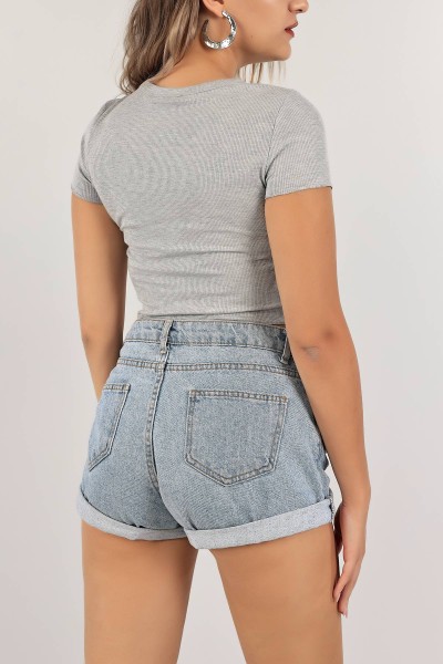 Gri Fitilli Crop Bluz 125538
