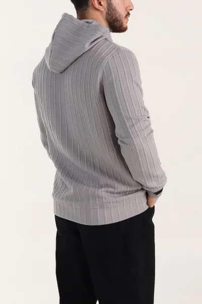 Gri Fitilli Yazı Detaylı Kapüşonlu Erkek Sweatshirt 396203