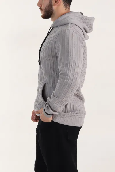 Gri Fitilli Yazı Detaylı Kapüşonlu Erkek Sweatshirt 396203