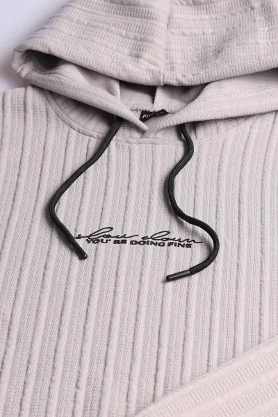 Gri Fitilli Yazı Detaylı Kapüşonlu Erkek Sweatshirt 396203