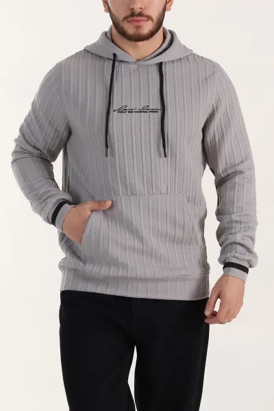 Gri Fitilli Yazı Detaylı Kapüşonlu Erkek Sweatshirt 396203