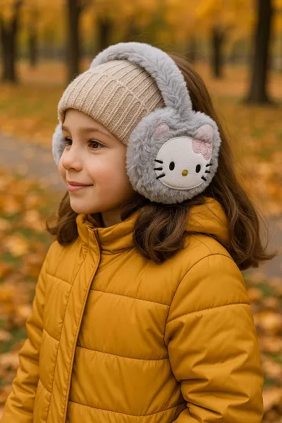 Gri Fiyonklu Kedicik Nakışlı Peluş Çocuk Kulaklık 410849