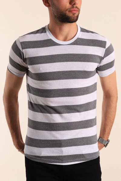 Gri Geniş Çizgili Regular Fit Erkek Tişört 189823