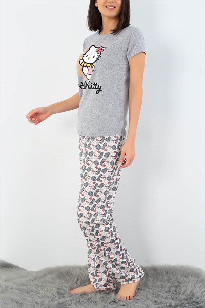 Gri Hello Kity Baskılı Bayan Pijama Takımı 33417
