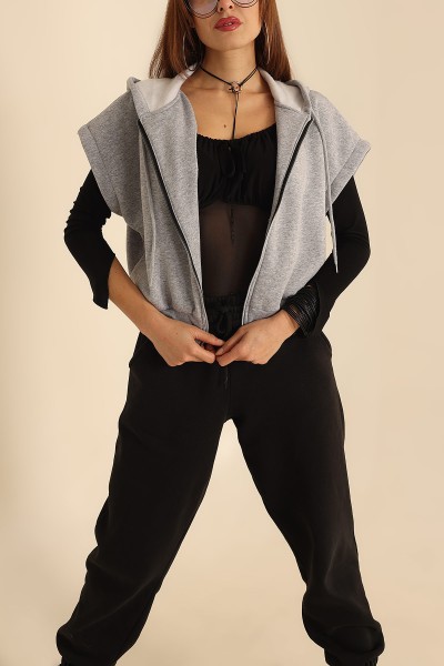 Gri İçi Şardonlu Kapüşonlu Kolsuz Sweat 209822