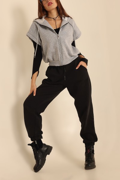 Gri İçi Şardonlu Kapüşonlu Kolsuz Sweat 209822