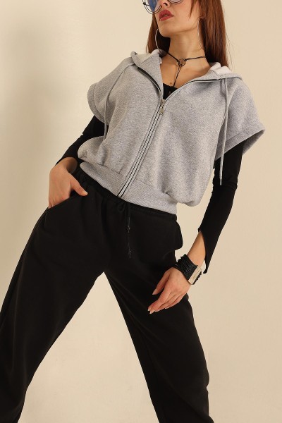 Gri İçi Şardonlu Kapüşonlu Kolsuz Sweat 209822