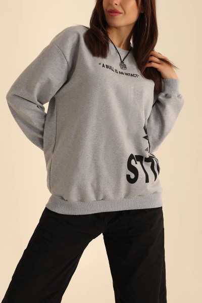 Gri İki İp Baskılı Oversize Sweat 199633