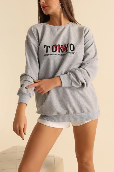 Gri İki İp Baskılı Oversize Sweat 199636