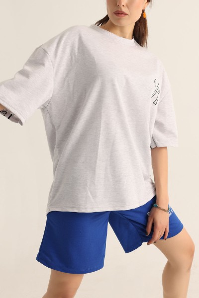Gri İki İp Baskılı Oversize Tişört 174447