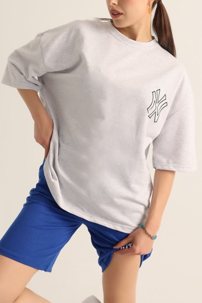 Gri İki İp Baskılı Oversize Tişört 174447