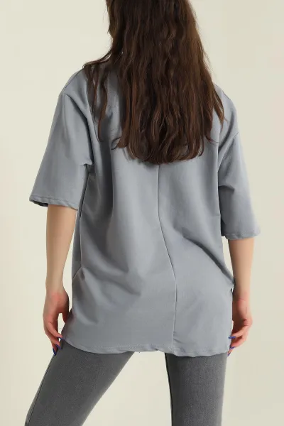 Gri İki İp Bisiklet Yaka Kadın Oversize Tişört 423914