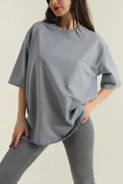 Gri İki İp Bisiklet Yaka Kadın Oversize Tişört 423914