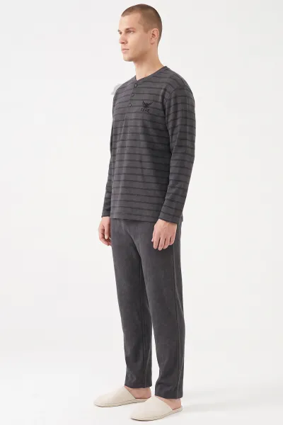 Gri İnterlok Kumaş Düğme Detaylı Erkek Uzun Kollu Pijama Takımı 500919