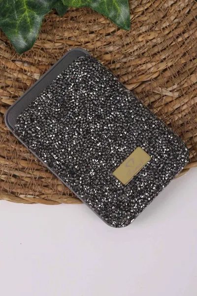 Gri Iphone Uyumlu Diamond Wallet Case - Taşlı Magsafe Kartlık - Telefon Kartlığı 431869