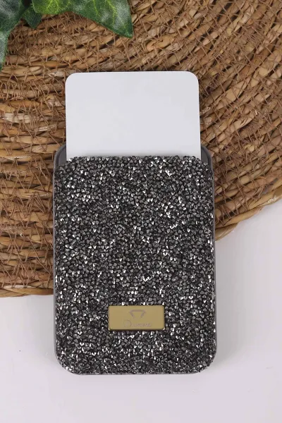 Gri Iphone Uyumlu Diamond Wallet Case - Taşlı Magsafe Kartlık - Telefon Kartlığı 431869