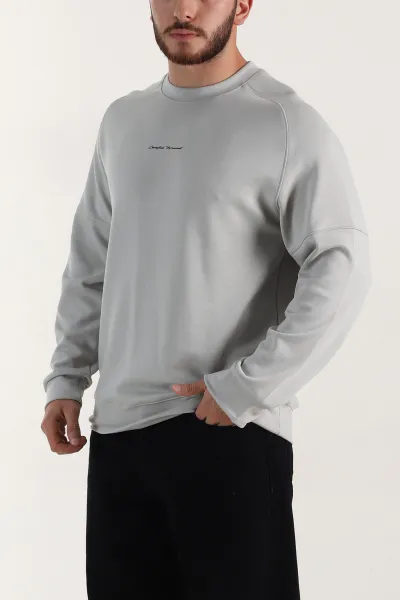 Gri Kabartma Yazılı Bisiklet Yaka Erkek Sweatshirt 396893