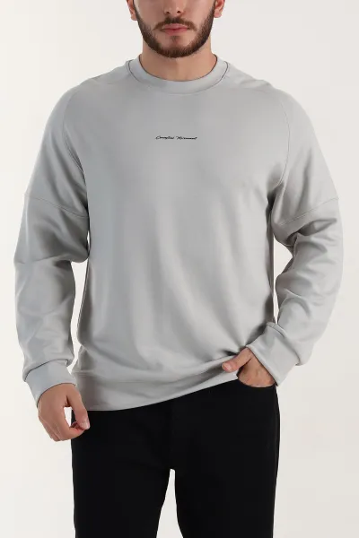 Gri Kabartma Yazılı Bisiklet Yaka Erkek Sweatshirt 396893