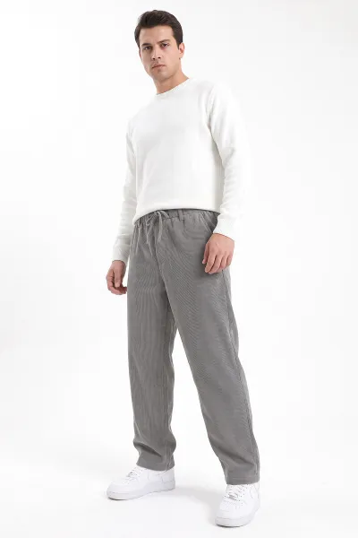 Gri Kadife Baggy Yeni Sezon Belden Bağlamalı Erkek Pantolon 493161