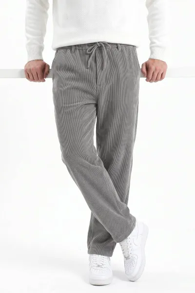 Gri Kadife Baggy Yeni Sezon Belden Bağlamalı Erkek Pantolon 493161
