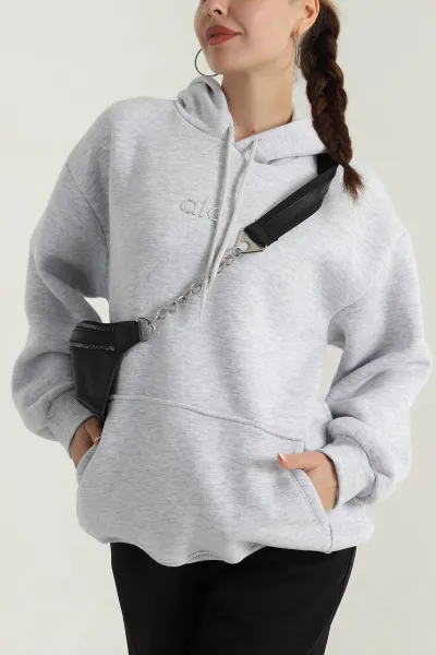 Gri Kanguru Cepli Şardonlu Kadın Sweat 396878