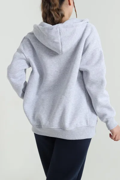 Gri Kapşonlu Şardonlu Üç İp Kadın Sweat 482267