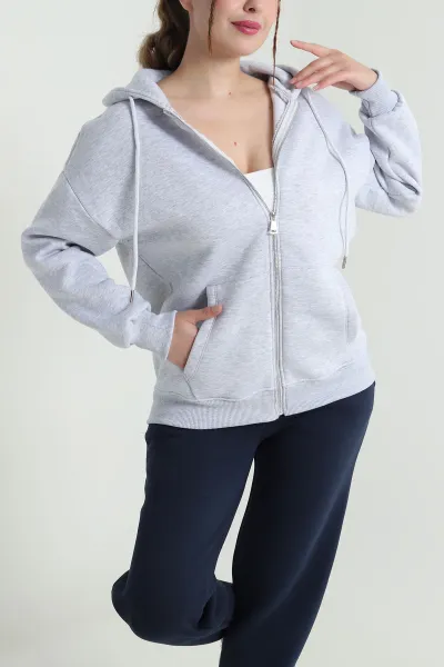 Gri Kapşonlu Şardonlu Üç İp Kadın Sweat 482267