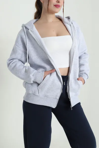 Gri Kapşonlu Şardonlu Üç İp Kadın Sweat 482267