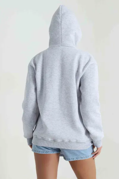 Gri Kapşonlu Şardonlu Üç İp Kadın Sweat 484643