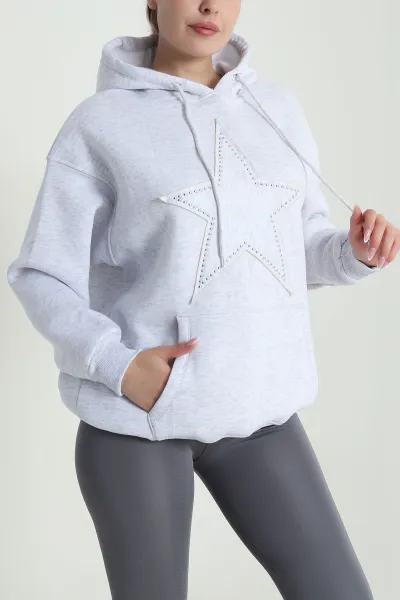 Gri Kapşonlu Şardonlu Üç İp Kadın Sweat 484985