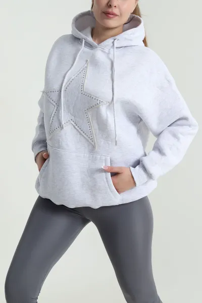 Gri Kapşonlu Şardonlu Üç İp Kadın Sweat 484985